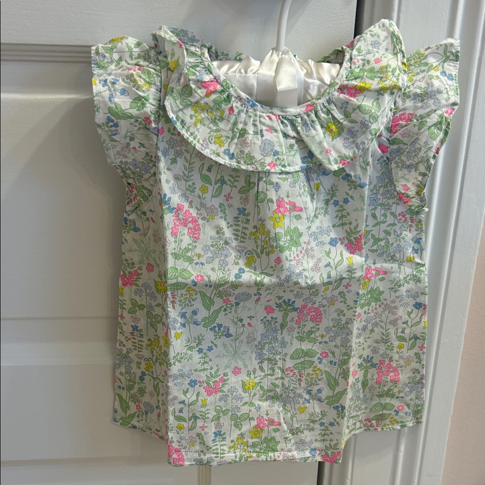 Jacadi Floral Ruffle Collar Blouse in White with Pink, Green Liberty Fabric